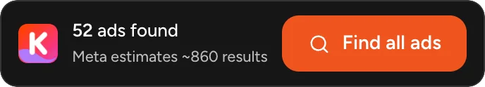 Klipio's Find all ads bar at the bottom of the Meta Ad Library, with the ads found so far and Meta's estimate