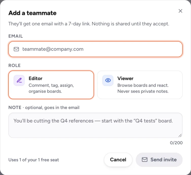 Klipio Studio's Add a teammate box: one email address and a role, Editor or Viewer