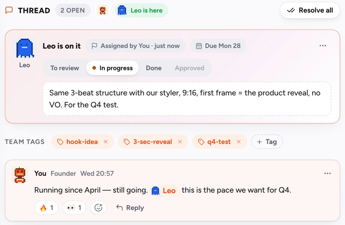 A Klipio Studio thread: the remake assigned to Leo with a due date, team tags, and a comment that @mentions him